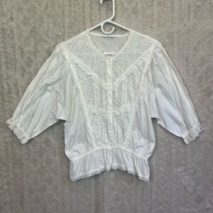 Vintage Jeanjaures Victorian Ivory Blouse Sz 11 Button Up Eyelet